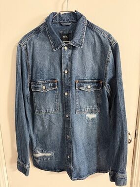 Zara Faded Blue Distressed Denim Shirt